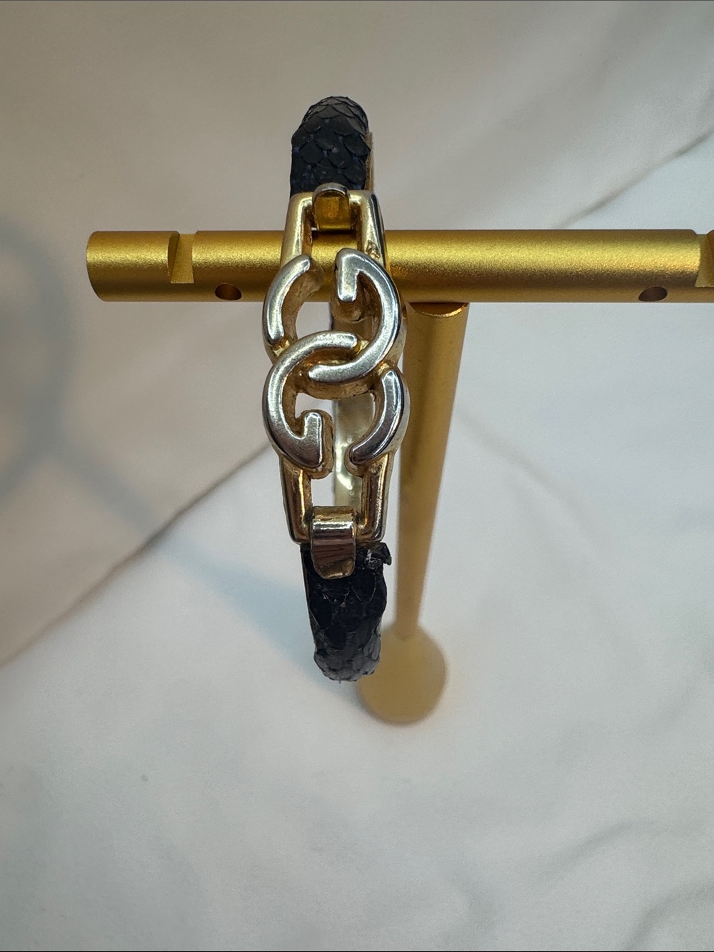 Gucci Black Braided Leather Bracelet with 24k plated Link Accent
